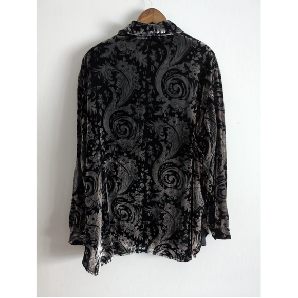 Vintage Velvet Metallic Silver Black Button down shirt women Sz XL Quiet luxury - Picture 2 of 8